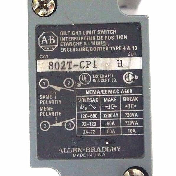 ALLEN BRADLEY 802T-CP1 LIMIT SWITCH SER H  W/ 40146-017-63 HEAD