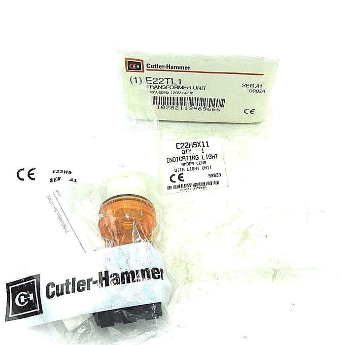 NEW CUTLER-HAMMER E22H9X11 INDICATING LIGHT AMBER LENS W/ LIGHT UNIT, E22TL1