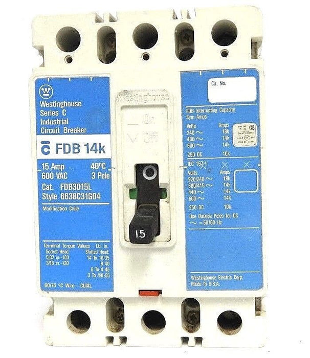 WESTINGHOUSE FDB3015L CIRCUIT BREAKER S# 6638C31G04, 15 AMP, SERIES C