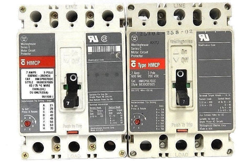 LOT OF 2 WESTINGHOUSE HMCP007C0C CIRCUIT BREAKERS STYLE# 6630C87G05, 7 AMP
