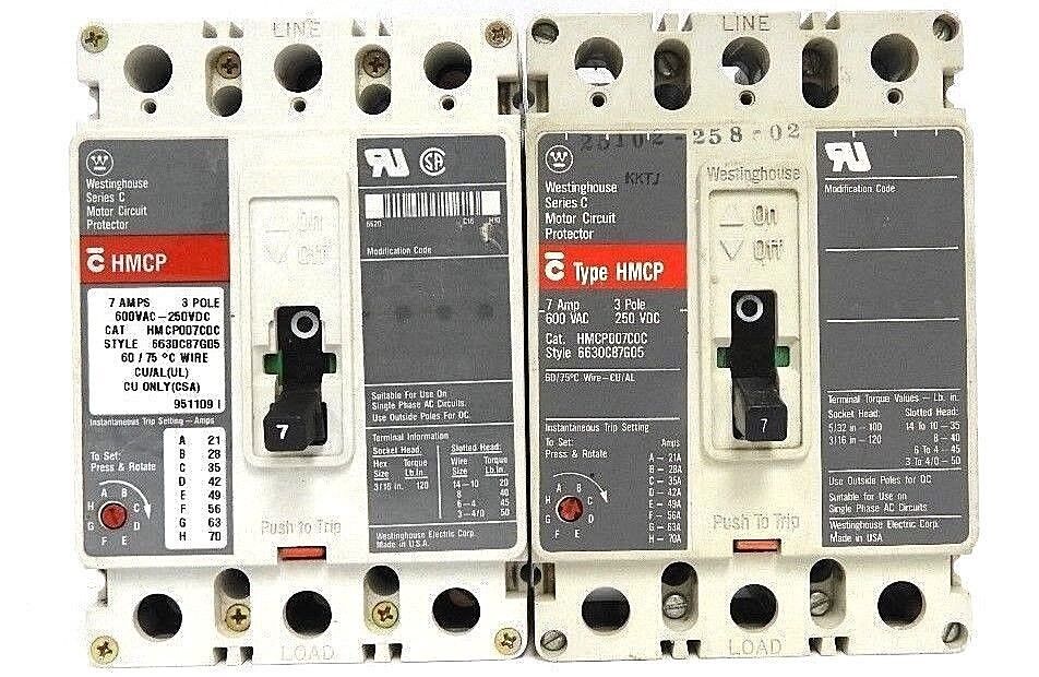 LOT OF 2 WESTINGHOUSE HMCP007C0C CIRCUIT BREAKERS STYLE# 6630C87G05, 7 AMP