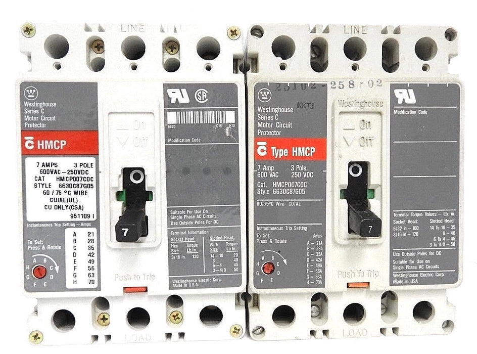 LOT OF 2 WESTINGHOUSE HMCP007C0C CIRCUIT BREAKERS STYLE# 6630C87G05, 7 AMP