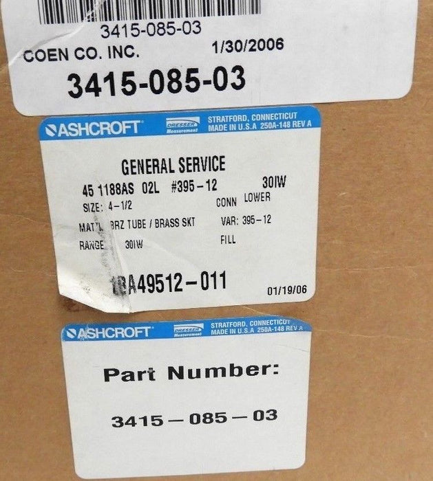 NIB COEN ASHCROFT 3415-085-03 BELLOWS GAUGE 451188AS-02L #395-12, 0-30 IN. H2O