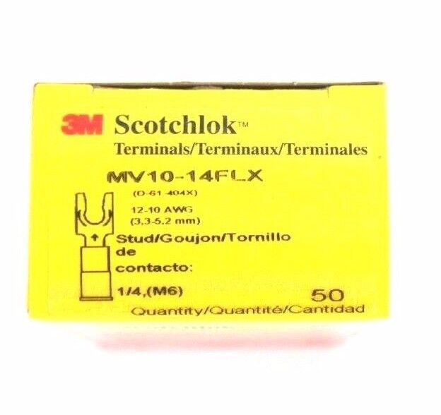 BOX OF 50 NEW 3M SCOTCHLOK MV10-14FLX FORK TERMINALS 12-10 AWG 1/4'' STUD SIZE