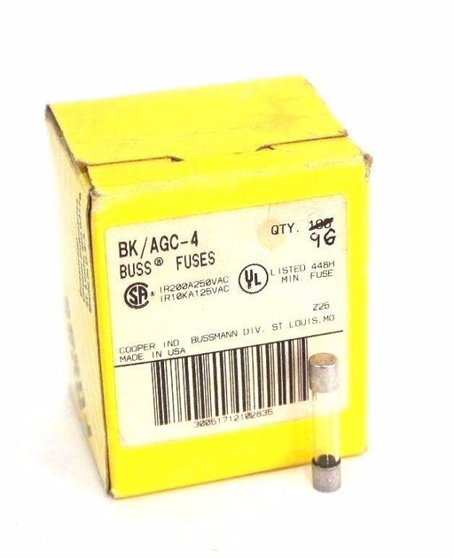 BOX OF 96 NEW COOPER BUSSMANN BK/AGC-4 BUSS FUSES 4AMP 250VAC