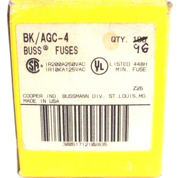 BOX OF 96 NEW COOPER BUSSMANN BK/AGC-4 BUSS FUSES 4AMP 250VAC