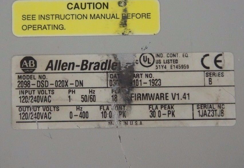 ALLEN BRADLEY 2098-DSD-020X-DN ULTRA 3000I DRIVE SER.B F/W: V1.41 P/N: 9101-1923