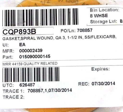LOT OF 2 NEW FLEXITALLIC CQP893B SPIRAL WOUND GASKETS QA 3, 1-1/2" SS FLEXICARB