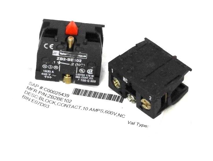 LOT OF 2 NEW TELEMECANIQUE ZB2BE102 CONTACT BLOCKS 10AMPS 600V