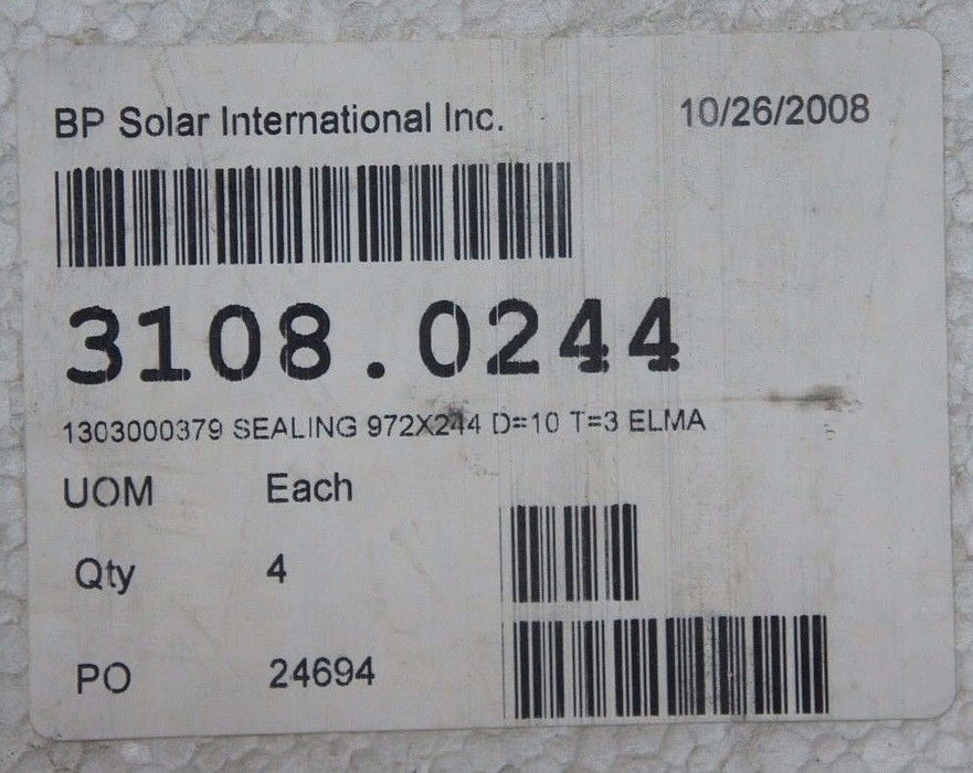 LOT OF 4 NEW BP SOLAR 3108.0244 1303000379 SEALING GASKETS 972X244 D=10 T=3 ELMA