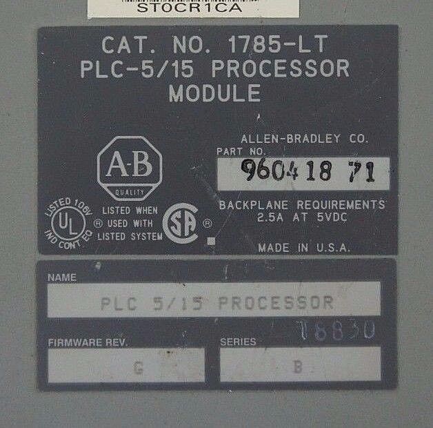 ALLEN BRADLEY 1785-LT PLC 5/15 PROCESSOR MODULE SER. B F/W REV: G 1785LTB