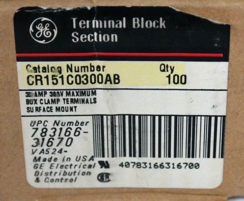 BOX OF 100 NEW GENERAL ELECTRIC CR151C0300AB TERMINAL BLOCKS 30A, 300V