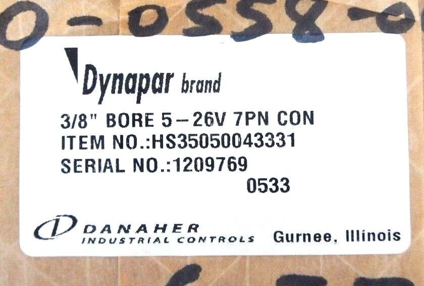 NIB DANAHER DYNAPAR HS35050043331 ENCODER 5-26V, 7PIN CONNECTOR, 3/8" BORE