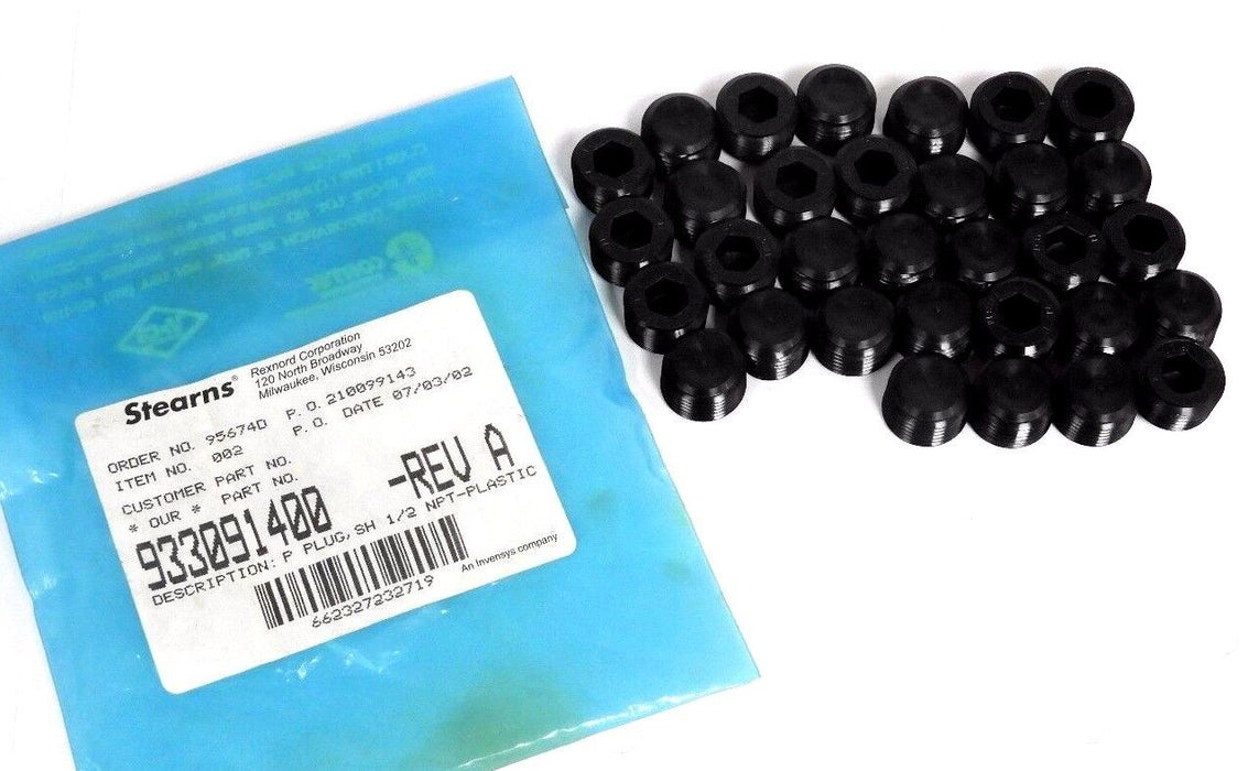 LOT OF 32 NEW STEARNS REXNORD 933091400 REV. A, P PLUGS SH 1/2" NPT PLASTIC