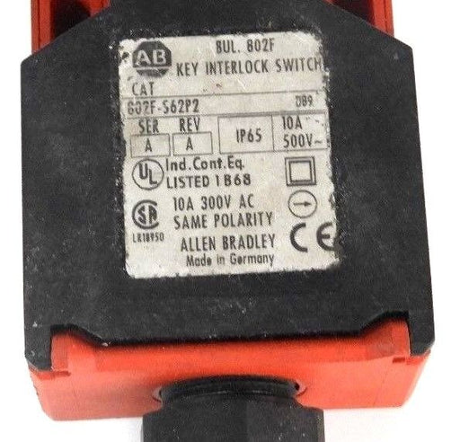 ALLEN BRADLEY 802F-S62P2 KEY INTERLOCK SWITCH SER A, REV A, 10A, 500V, 802FS62P2