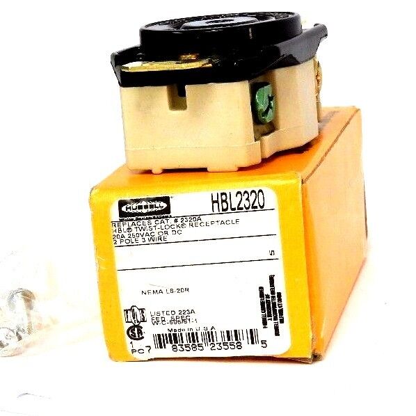 NIB HUBBELL HBL2320 TWIST LOCK RECEPTACLE 20A, 250VAC/DC, 2POLE, 3WIRE