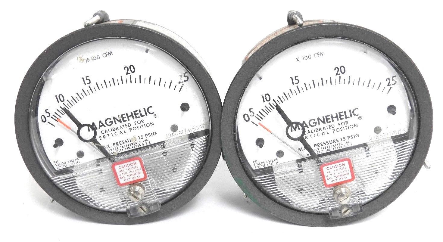 LOT OF 2 DWYER 12-167004-00 MAGNEHELIC PRESSURE GAUGES X 100 CFM, 1216700400