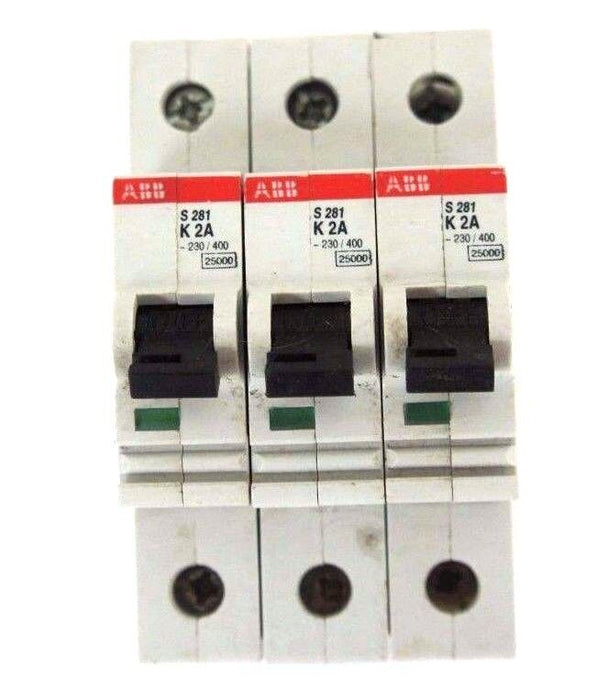 LOT OF 3 ABB S281-K2A CIRCUIT BREAKERS S-281-K-2A 2AMP 1POLE 230/400VAC K-CURVE