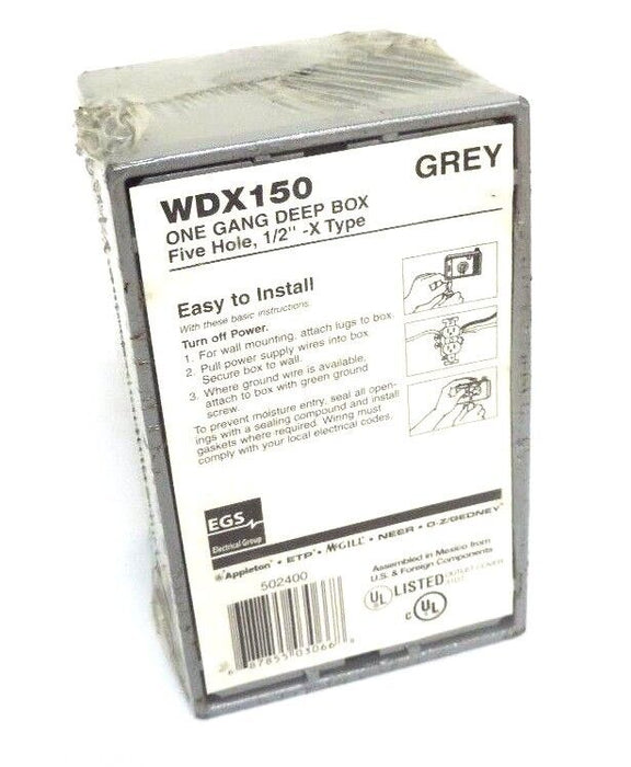 NEW EMERSON APPLETON WDX150 GREY ONE GANG DEEP BOX ENCLOSURE 1/2"-X TYPE