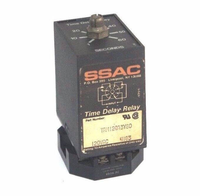 SSAC TRM120A3Y60 TIME DELAY RELAY 1-60 SEC W/ CUSTOM RB08-PC RELAY BASE