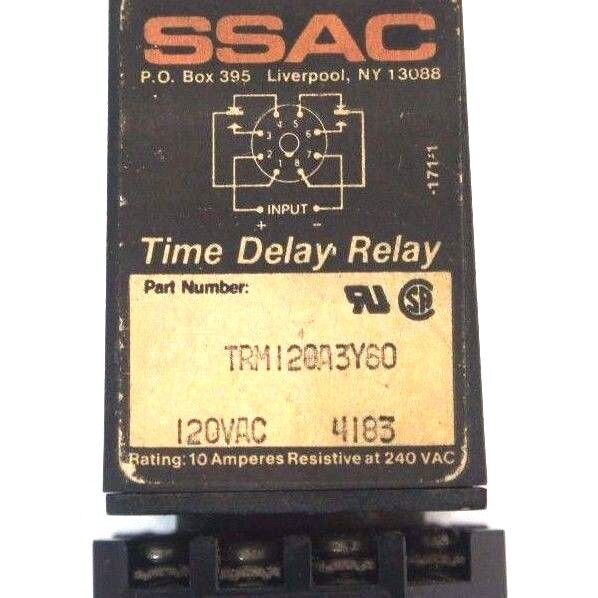 SSAC TRM120A3Y60 TIME DELAY RELAY 1-60 SEC W/ CUSTOM RB08-PC RELAY BASE