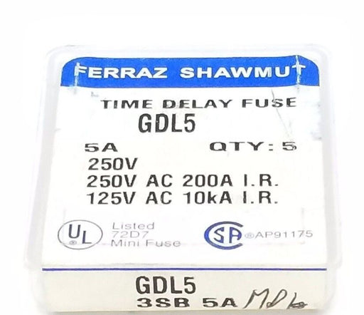 LOT OF 5 FERRAZ SHAWMUT GDL5 TIME DELAY FUSES 5A, 250V