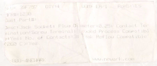 LOT OF 2 NEW NEWARK 39F757 JACK SOCKETS, 3 CONTACTS 6.35MM METAL BODY 1230