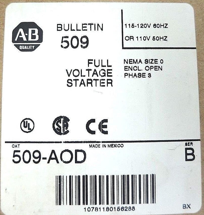 NIB ALLEN BRADLEY 509-AOD FULL VOLTAGE STARTER SER. B, SIZE 0, 509AOD