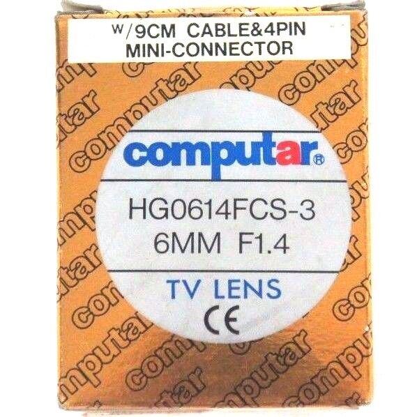 NIB COMPUTAR HG0614FCS-3 TV LENS 6MM, F1.4 W/ 9CM CABLE CONNECTOR
