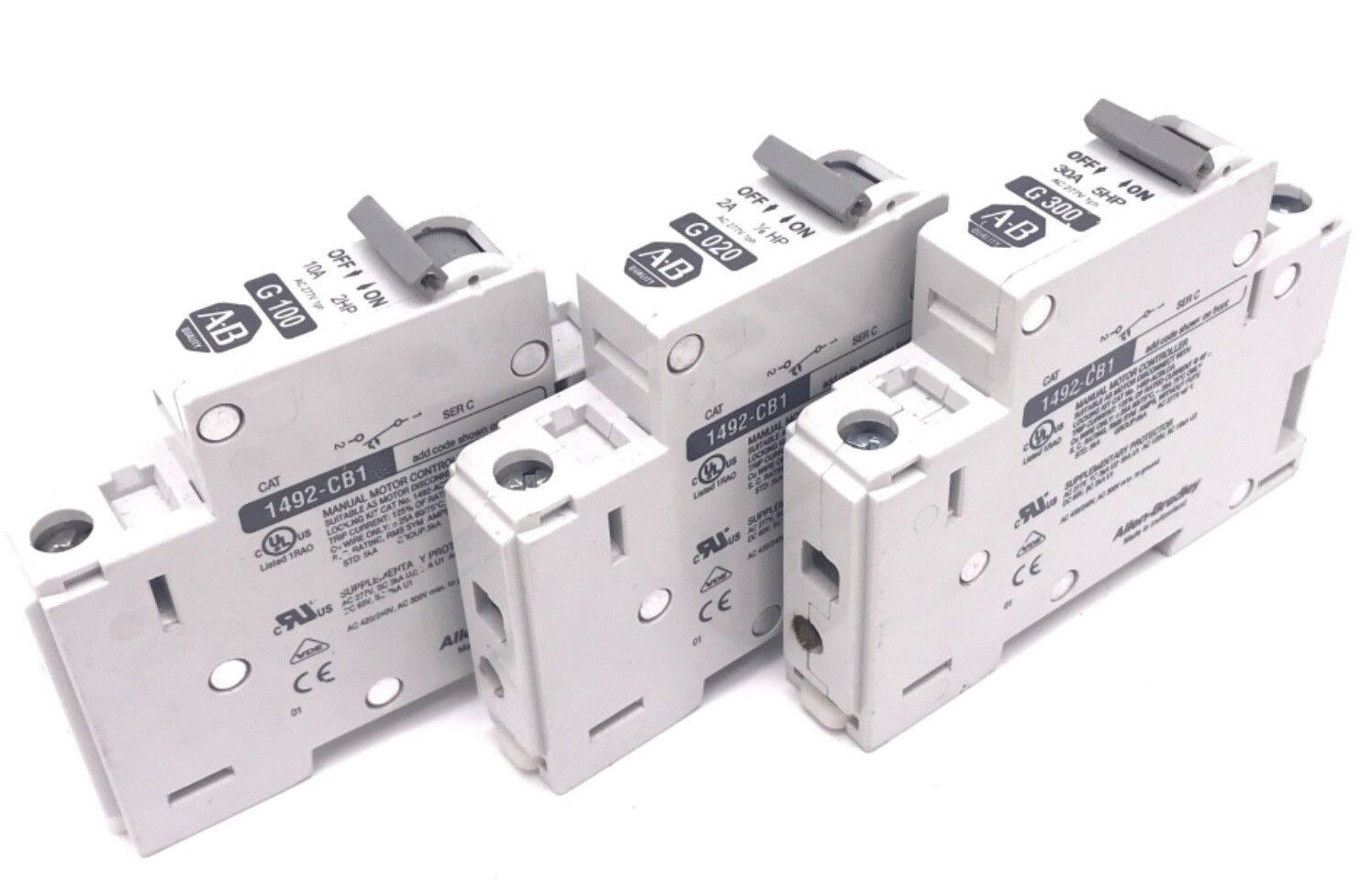 LOT OF 3 ALLEN BRADLEY 1492-CB1 SER. C CIRCUIT BREAKERS G-020, G-100, G-300