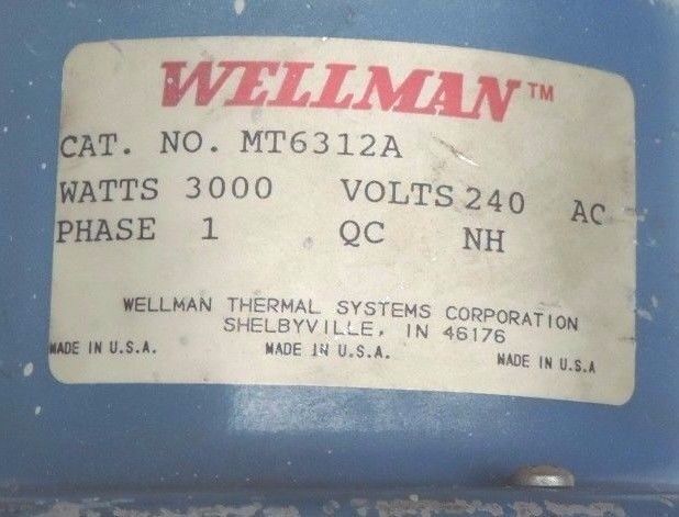 WELLMAN THERMAL SYSTEMS MT6312A TANK HEATER 3000 WATTS 240VAC PHASE 1