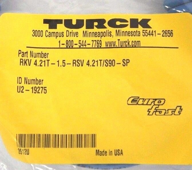NEW TURCK RKV 4.21T-1.5-RSV 4.21T/S90-SP EUROFAST CORDSET U2-19275 / U219275