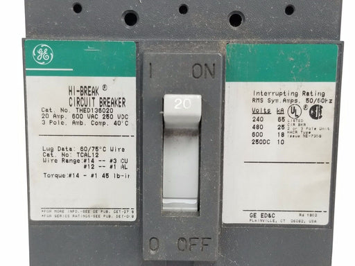 GENERAL ELECTRIC THED136020 HI BREAK CIRCUIT BREAKER 20 AMP, 600VAC, 3 POLE
