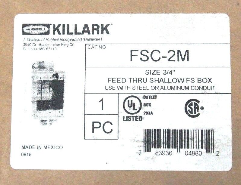 NIB HUBBELL KILLARK FSC-2M FEED THRU SHALLOW FS BOX, SIZE 3/4"