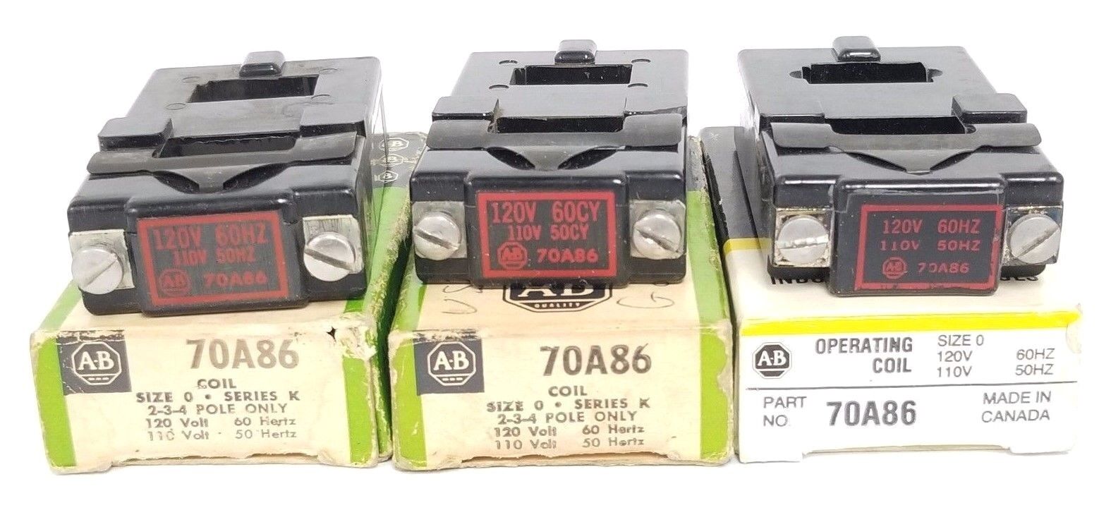 LOT OF 3 ALLEN BRADLEY 70A86 COILS 120V 60CY, 110V 50CY (IN BOXES)