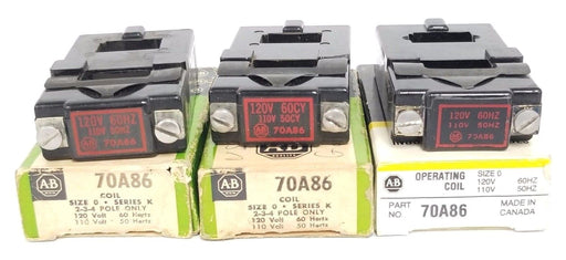 LOT OF 3 ALLEN BRADLEY 70A86 COILS 120V 60CY, 110V 50CY (IN BOXES)