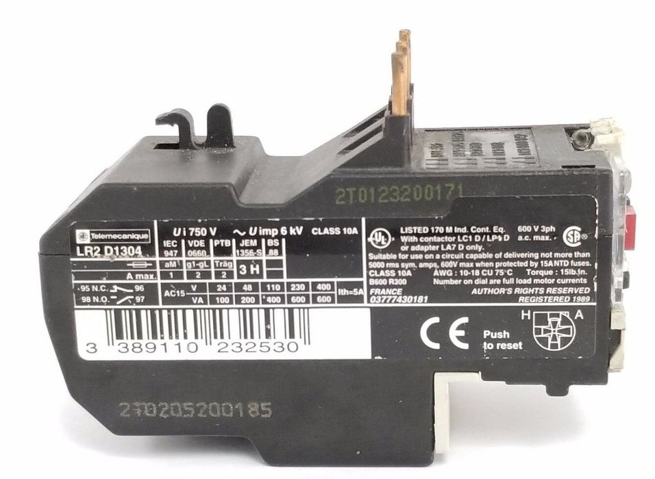 TELEMECANIQUE LR2-D1304 OVERLOAD RELAY BIMETALLIC 0.4-0.63AMP, 3P, 600VAC
