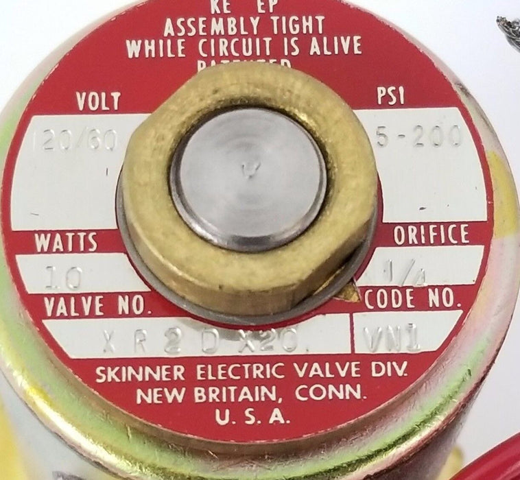 NIB SKINNER ELECTRIC VALVE XR2DX20 VALVE 120/60 5-200PSI 1/4" ORFICE CODE: VE1