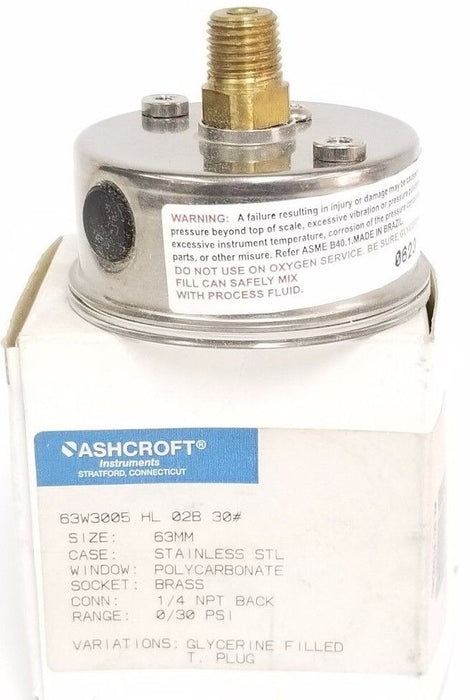 NIB ASHCROFT 63W3005 HL 02B 30 GAUGE SIZE: 63MM, 1/4 NPT BLACK, RANGE: 0/30 PSI