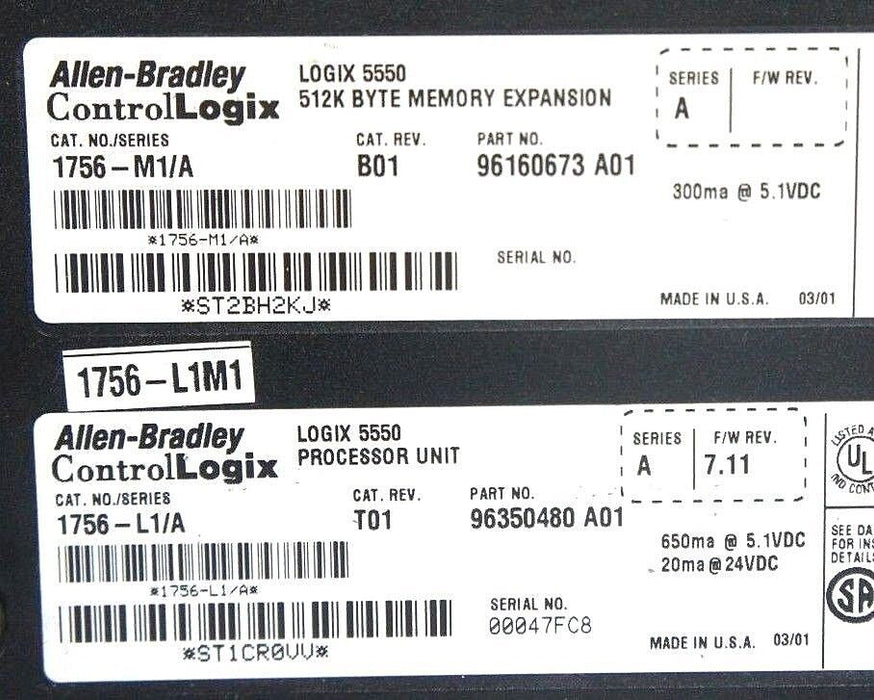 ALLEN BRADLEY 1756-L1/A PROCESSOR UNIT SER. A, F/W REV. 7.11 CAT REV. T01