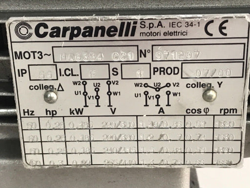 CARPANELLI MOT3~ MA63B4 CC1 REDUCER MOTOR MA63B4-CC1 W/ RMI-40-F1 & LRC-M5-0372