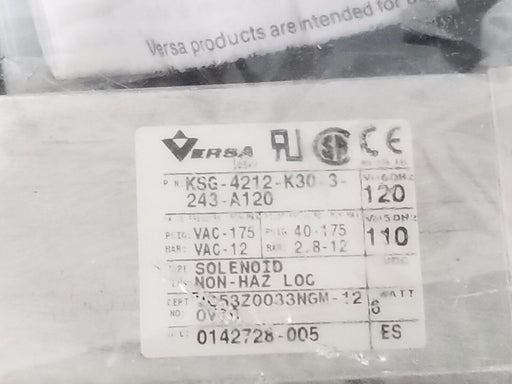 NIB VERSA VALVES KSG-4212-K30-3-243-A120 FOUR WAY VALVE 120V/60HZ, 0142728-005