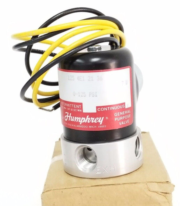 NIB HUMPHREY 125-4E1-21-36-24VDC SOLENOID VALVE 24VDC, 6.7W, 0-125PSI, 1/8IN