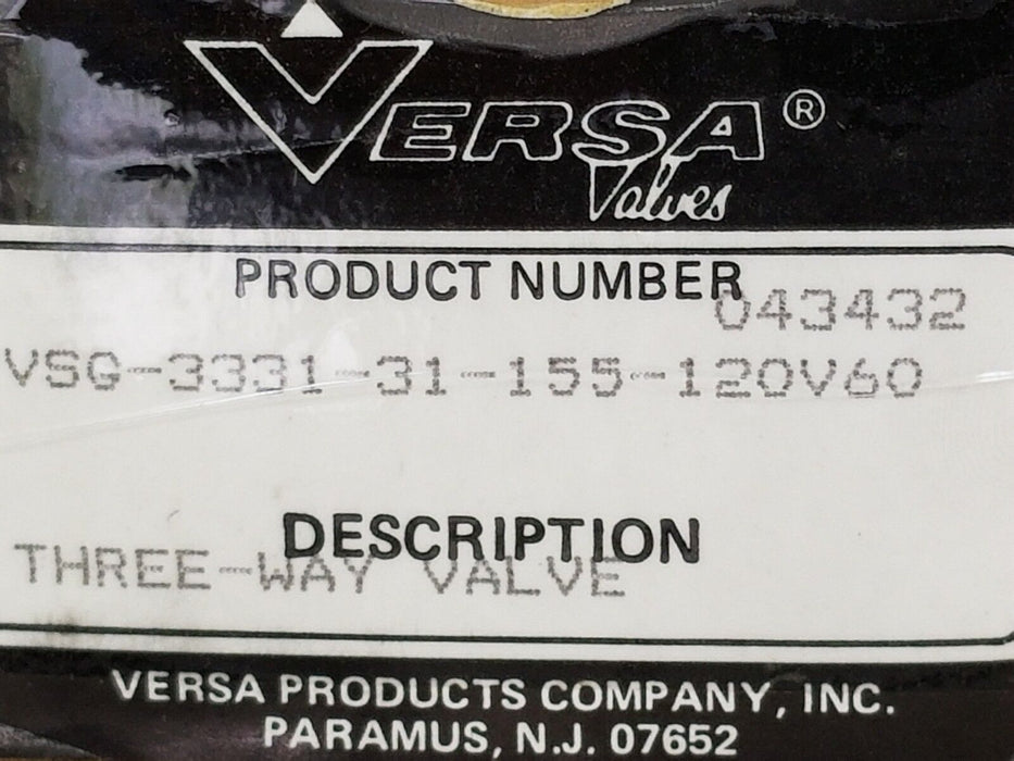 NIB VERSA VALVES VSG-3331-31-155-120V60 THREE-WAY VALVE 043432