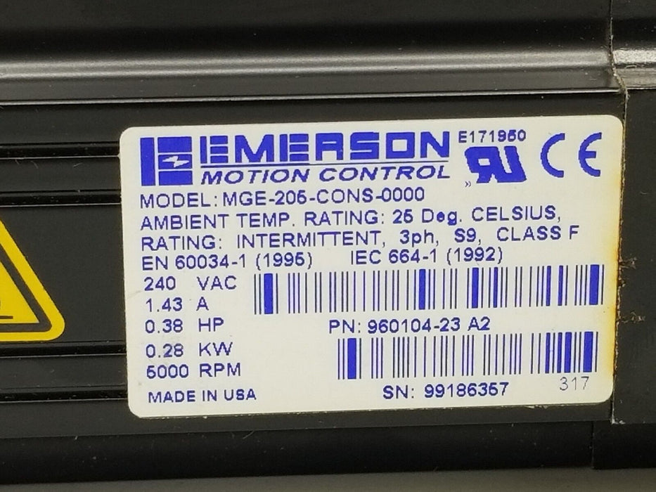 NEW EMERSON MOTION CONTROL MGE-205-CONS-0000 SERVO MOTOR 240V, 1.43A, 0.38HP