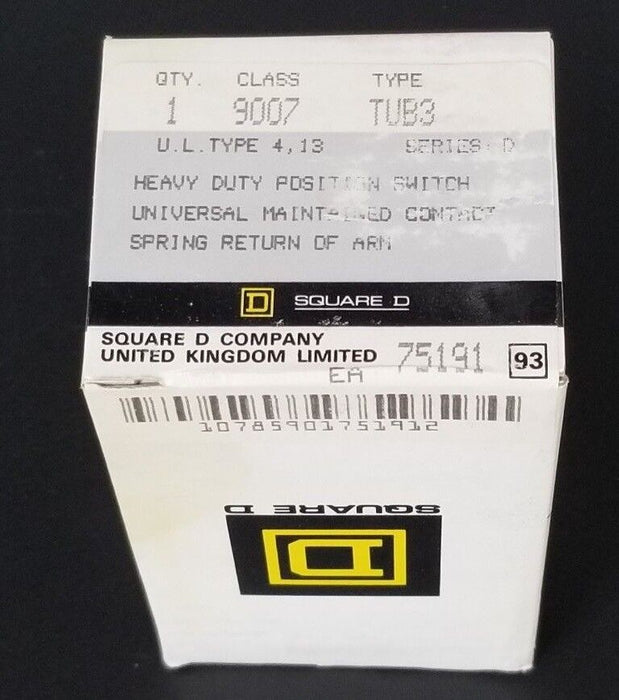 NIB SQUARE D 9007-TUB3 HEAVY DUTY POSITION LIMIT SWITCH SER. D, 9007TUB3