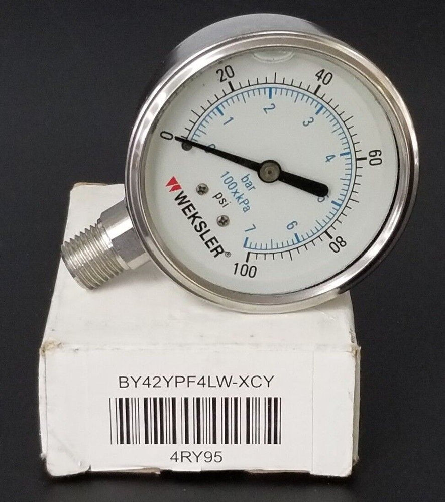 NIB WEKSLER BY42YPF4LW-XCY PRESSURE GAUGE 4RY95, 0-100PSI, 0-7BAR