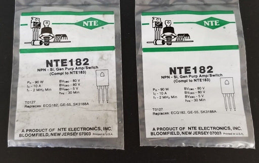 LOT OF 2 NEW NTE NTE182 TRANSISTORS NPN - SILICON GENERAL PURPOSE AMP/SWITCH