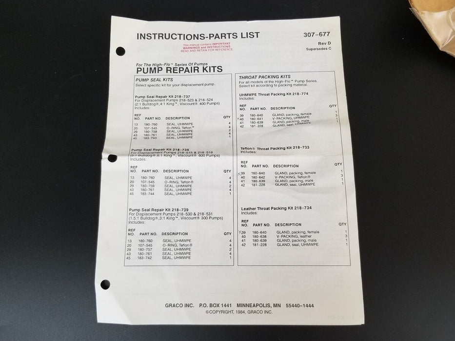 NEW GRACO PUMP SEAL REAPAIR KIT 218-737 / 218-735 / 218-739