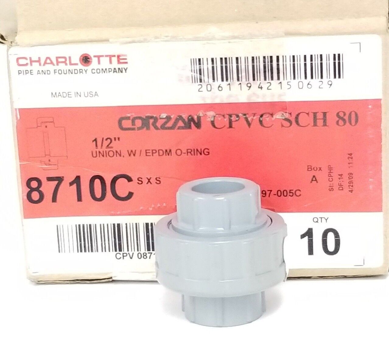 BOX OF 10 NEW CHARLOTTE CORZAN CPVC SCH 80 1/2" UNIONS W/ EPDM O-RINGS 8710C SXS